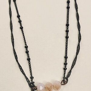 Hand Crafted Pink/ Beige Crystal Rock w Rustic Double Chain Necklace 14”